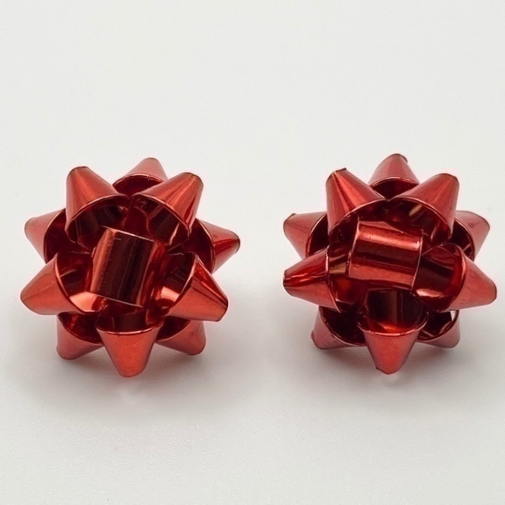 Red Metallic Gift Bow Earrings Metal Holiday Christmas Present Post Earrings